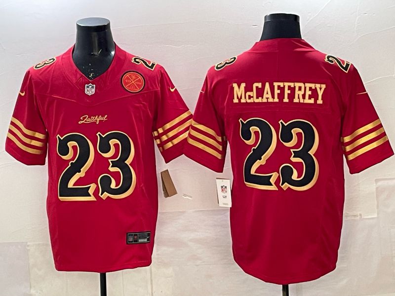 Men 2025 Nike San Francisco 49ers #23 Mccaffrey red gold 5th generation Limited NFL Jersey 009
